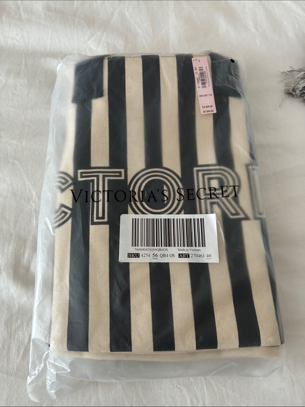 Victoria's Secret Black & Cream Striped Canvas Tote NWT